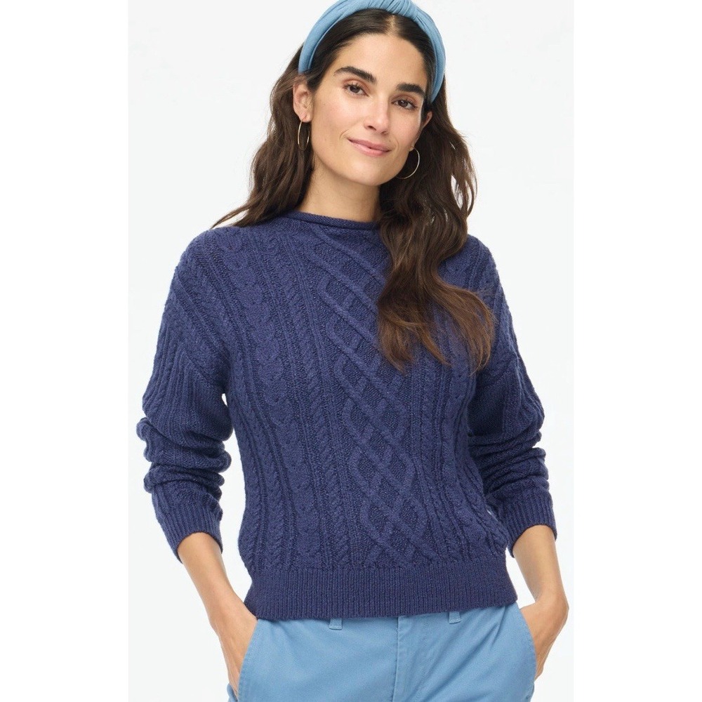 J Crew Women Blue Cableknit Rolled Neck Crop Sweater Y2K Preppy Oversized Cozy S